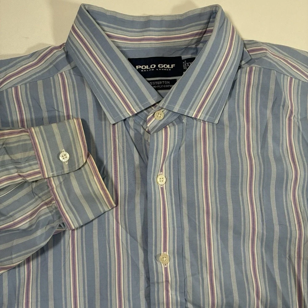 Vintage Polo Golf‎ Ralph Lauren Westerton Shirt 2XL Blue Purple Striped 90s Y2K